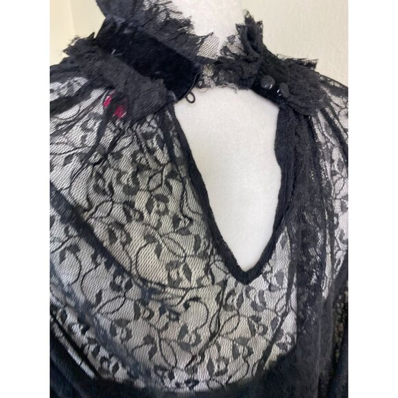 Vince Camuto Black Sheer Lace Long Sleeve Top Size Medium Ruffle Goth Whimsigoth - Picture 11 of 13